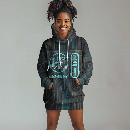 Wosret Winged Crown Hoodie Dress Egyptian Cyber Circuit Design in Futuristic Blue Theme