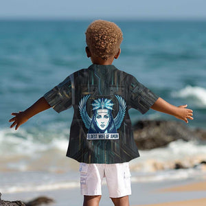 Wosret Winged Crown Kid Hawaiian Shirt Egyptian Cyber Circuit Design in Futuristic Blue Theme