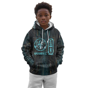 Wosret Winged Crown Kid Hoodie Egyptian Cyber Circuit Design in Futuristic Blue Theme