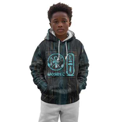 Wosret Winged Crown Kid Hoodie Egyptian Cyber Circuit Design in Futuristic Blue Theme