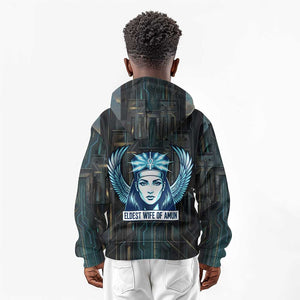 Wosret Winged Crown Kid Hoodie Egyptian Cyber Circuit Design in Futuristic Blue Theme