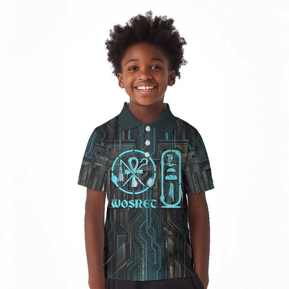 Wosret Winged Crown Kid Polo Shirt Egyptian Cyber Circuit Design in Futuristic Blue Theme