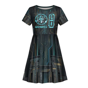 Wosret Winged Crown Kid Short Sleeve Dress Egyptian Cyber Circuit Design in Futuristic Blue Theme