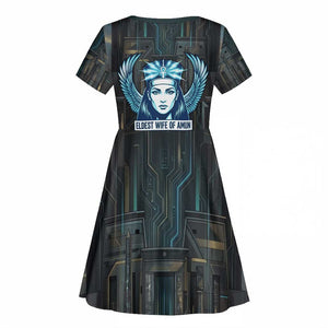 Wosret Winged Crown Kid Short Sleeve Dress Egyptian Cyber Circuit Design in Futuristic Blue Theme
