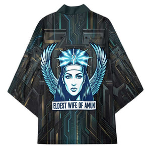 Wosret Winged Crown Kimono Egyptian Cyber Circuit Design in Futuristic Blue Theme