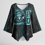 Wosret Winged Crown Kimono Sleeve Blouse Egyptian Cyber Circuit Design in Futuristic Blue Theme