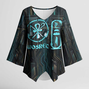 Wosret Winged Crown Kimono Sleeve Blouse Egyptian Cyber Circuit Design in Futuristic Blue Theme
