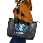 Wosret Winged Crown Leather Tote Bag Egyptian Cyber Circuit Design in Futuristic Blue Theme