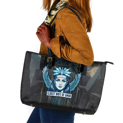Wosret Winged Crown Leather Tote Bag Egyptian Cyber Circuit Design in Futuristic Blue Theme