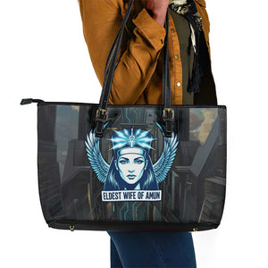 Wosret Winged Crown Leather Tote Bag Egyptian Cyber Circuit Design in Futuristic Blue Theme