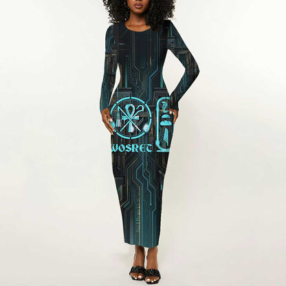 Wosret Winged Crown Long Sleeve Bodycon Dress Egyptian Cyber Circuit Design in Futuristic Blue Theme