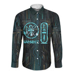 Wosret Winged Crown Long Sleeve Button Shirt Egyptian Cyber Circuit Design in Futuristic Blue Theme
