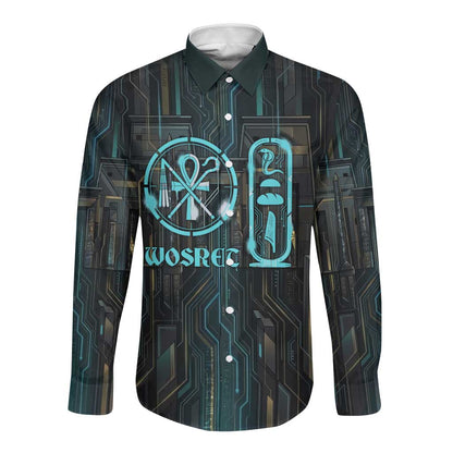 Wosret Winged Crown Long Sleeve Button Shirt Egyptian Cyber Circuit Design in Futuristic Blue Theme