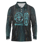 Wosret Winged Crown Long Sleeve Polo Shirt Egyptian Cyber Circuit Design in Futuristic Blue Theme