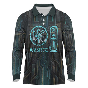 Wosret Winged Crown Long Sleeve Polo Shirt Egyptian Cyber Circuit Design in Futuristic Blue Theme