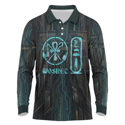 Wosret Winged Crown Long Sleeve Polo Shirt Egyptian Cyber Circuit Design in Futuristic Blue Theme