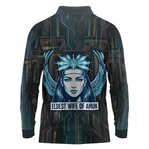 Wosret Winged Crown Long Sleeve Polo Shirt Egyptian Cyber Circuit Design in Futuristic Blue Theme