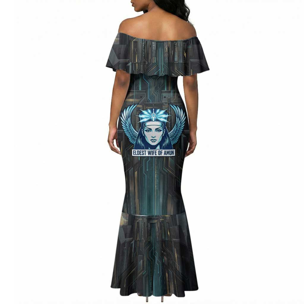 Wosret Winged Crown Mermaid Dress Egyptian Cyber Circuit Design in Futuristic Blue Theme