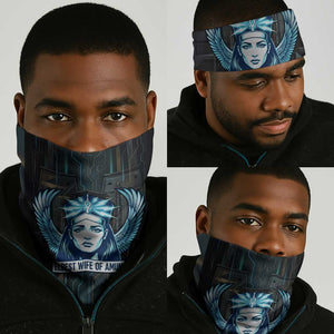 Wosret Winged Crown Neck Gaiter Egyptian Cyber Circuit Design in Futuristic Blue Theme