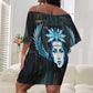 Wosret Winged Crown Off Shoulder Short Dress Egyptian Cyber Circuit Design in Futuristic Blue Theme