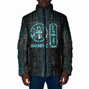 Wosret Winged Crown Padded Jacket Egyptian Cyber Circuit Design in Futuristic Blue Theme
