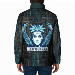 Wosret Winged Crown Padded Jacket Egyptian Cyber Circuit Design in Futuristic Blue Theme
