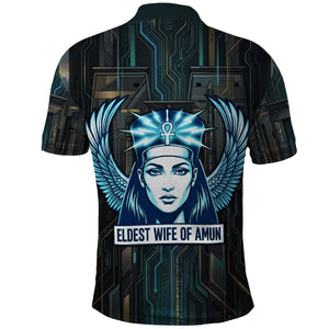 Wosret Winged Crown Polo Shirt Egyptian Cyber Circuit Design in Futuristic Blue Theme