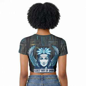 Wosret Winged Crown Raglan Cropped T shirt Egyptian Cyber Circuit Design in Futuristic Blue Theme