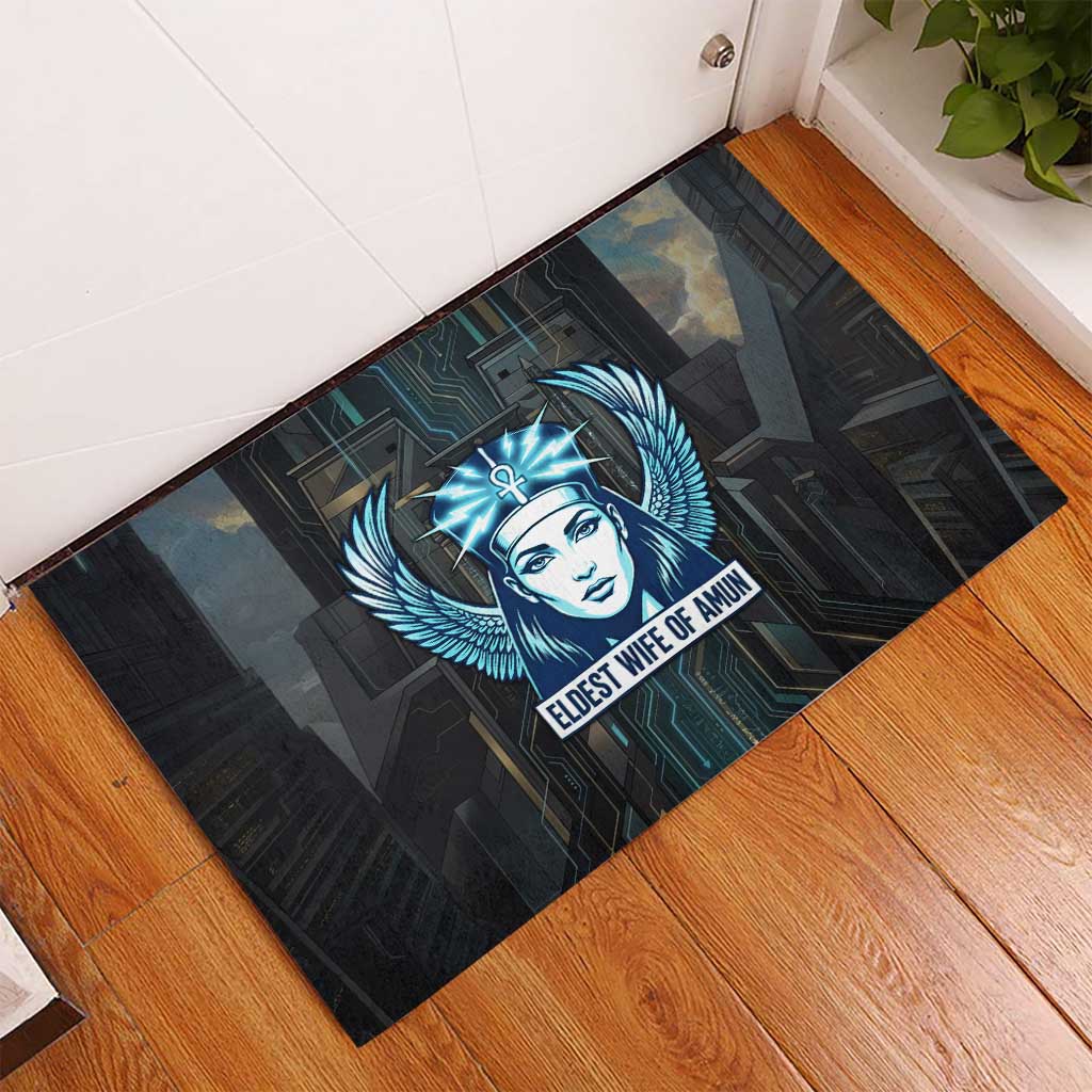 Wosret Winged Crown Rubber Doormat Egyptian Cyber Circuit Design in Futuristic Blue Theme