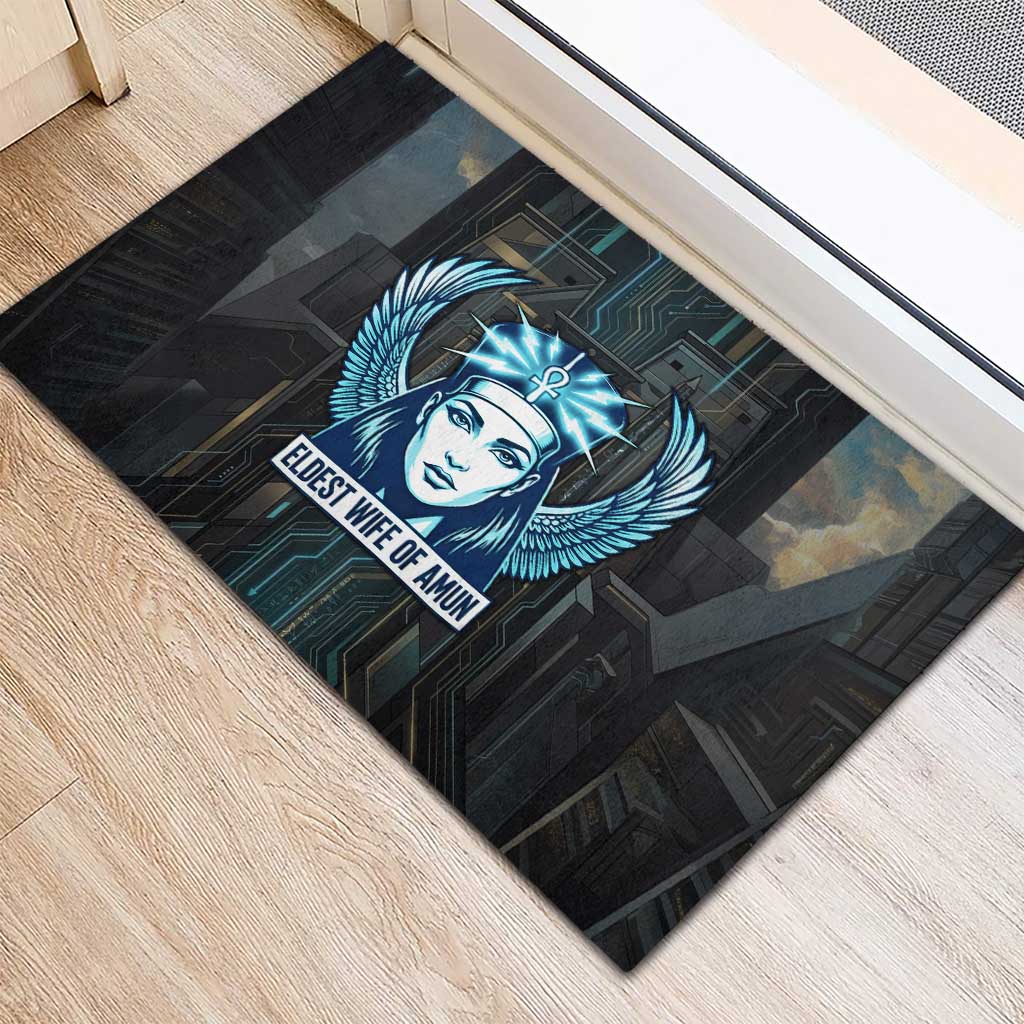 Wosret Winged Crown Rubber Doormat Egyptian Cyber Circuit Design in Futuristic Blue Theme