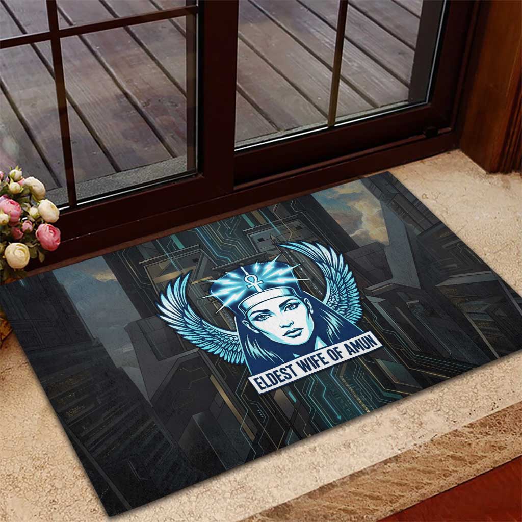 Wosret Winged Crown Rubber Doormat Egyptian Cyber Circuit Design in Futuristic Blue Theme