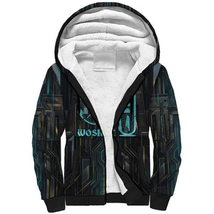 Wosret Winged Crown Sherpa Hoodie Egyptian Cyber Circuit Design in Futuristic Blue Theme