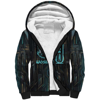 Wosret Winged Crown Sherpa Hoodie Egyptian Cyber Circuit Design in Futuristic Blue Theme