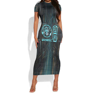 Wosret Winged Crown Short Sleeve Bodycon Dress Egyptian Cyber Circuit Design in Futuristic Blue Theme