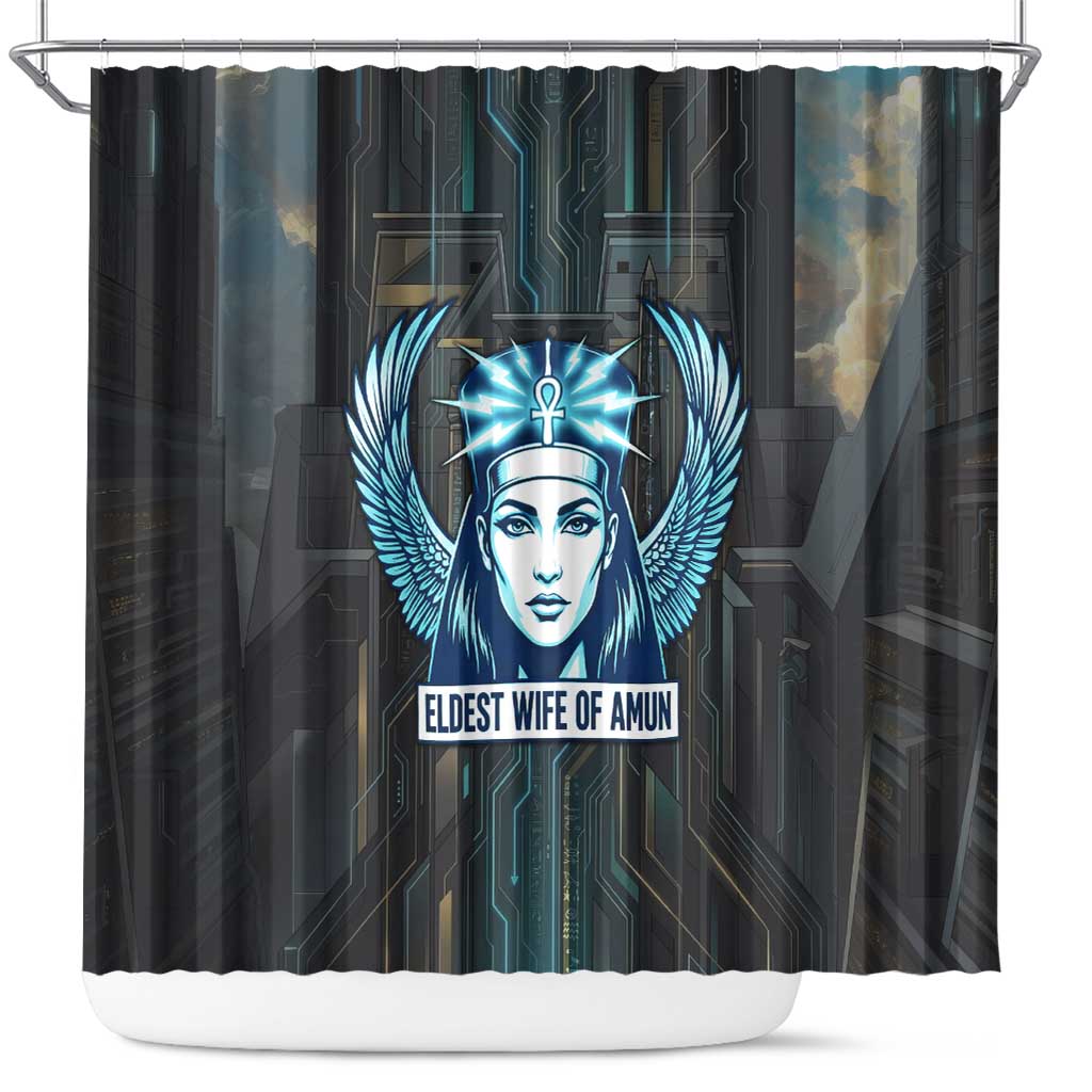 Wosret Winged Crown Shower Curtain Egyptian Cyber Circuit Design in Futuristic Blue Theme