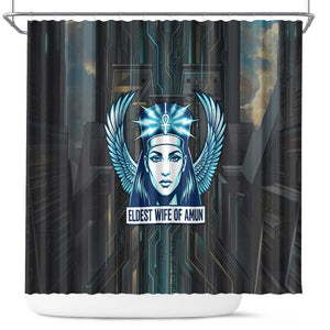 Wosret Winged Crown Shower Curtain Egyptian Cyber Circuit Design in Futuristic Blue Theme