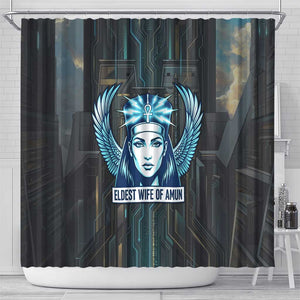 Wosret Winged Crown Shower Curtain Egyptian Cyber Circuit Design in Futuristic Blue Theme