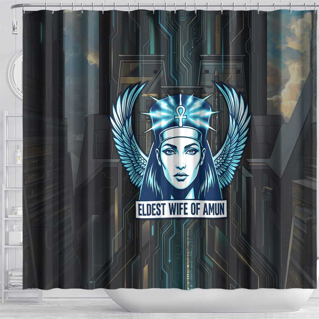 Wosret Winged Crown Shower Curtain Egyptian Cyber Circuit Design in Futuristic Blue Theme