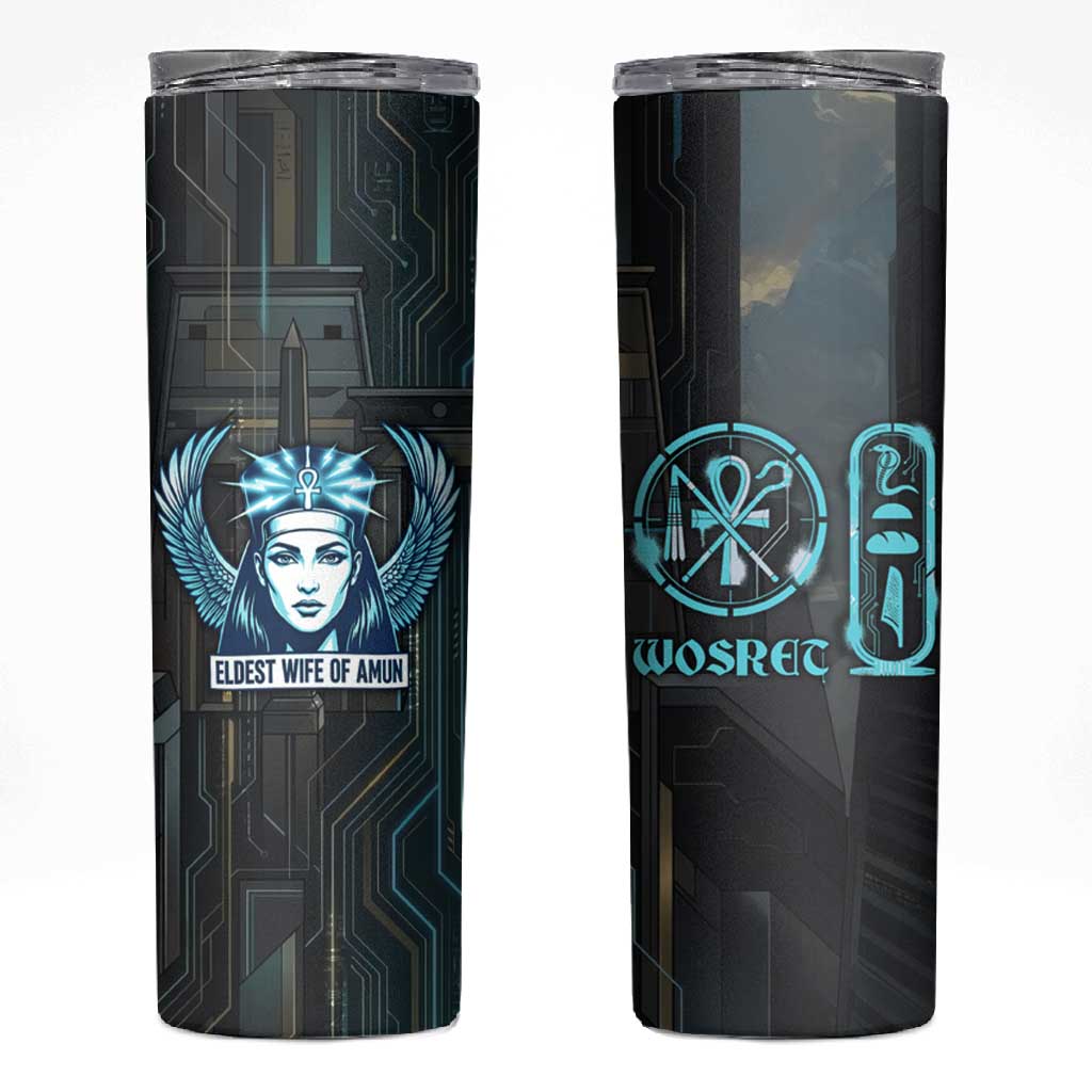 Wosret Winged Crown Skinny Tumbler Egyptian Cyber Circuit Design in Futuristic Blue Theme