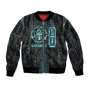 Wosret Winged Crown Sleeve Zip Bomber Jacket Egyptian Cyber Circuit Design in Futuristic Blue Theme