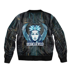 Wosret Winged Crown Sleeve Zip Bomber Jacket Egyptian Cyber Circuit Design in Futuristic Blue Theme