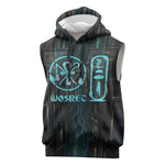 Wosret Winged Crown Sleeveless Hoodie Egyptian Cyber Circuit Design in Futuristic Blue Theme