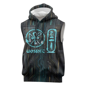 Wosret Winged Crown Sleeveless Hoodie Egyptian Cyber Circuit Design in Futuristic Blue Theme
