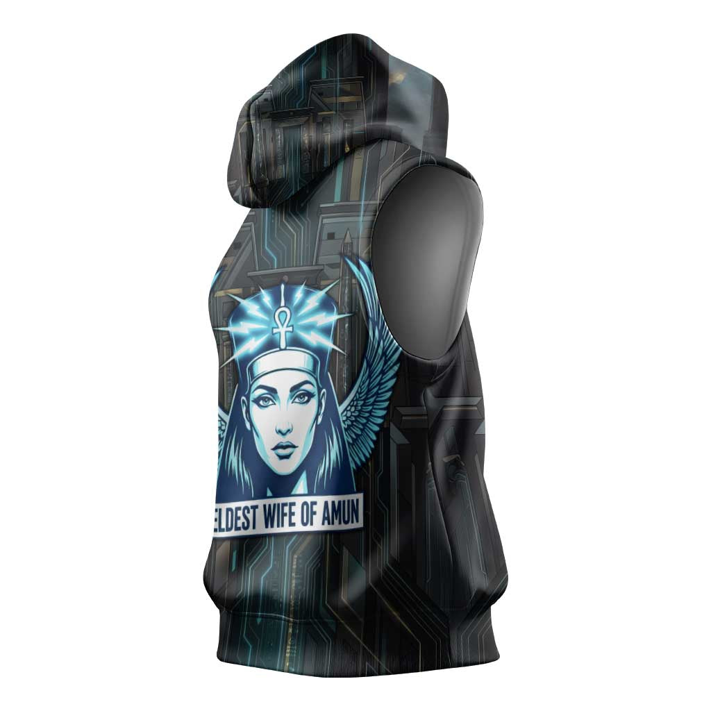 Wosret Winged Crown Sleeveless Hoodie Egyptian Cyber Circuit Design in Futuristic Blue Theme
