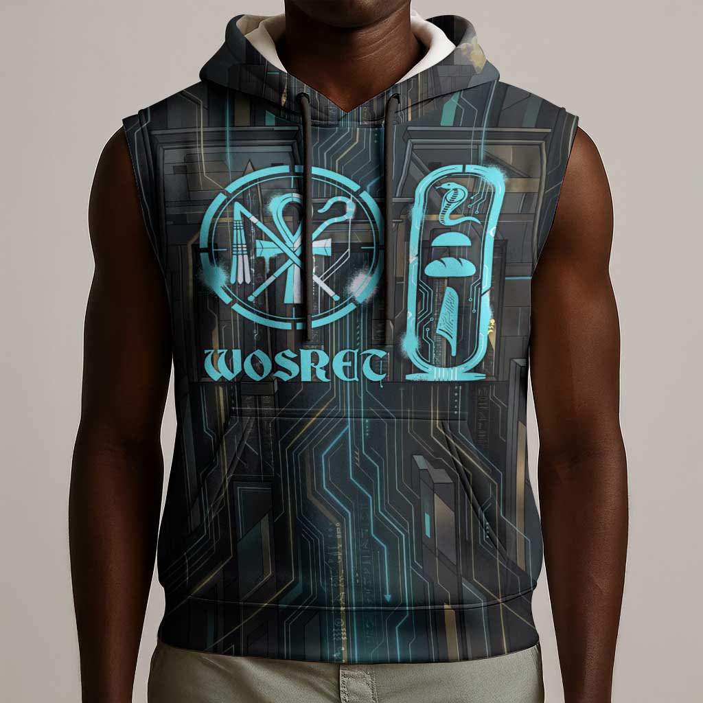 Wosret Winged Crown Sleeveless Hoodie Egyptian Cyber Circuit Design in Futuristic Blue Theme