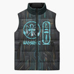 Wosret Winged Crown Sleeveless Puffer Jacket Egyptian Cyber Circuit Design in Futuristic Blue Theme