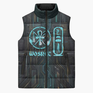Wosret Winged Crown Sleeveless Puffer Jacket Egyptian Cyber Circuit Design in Futuristic Blue Theme