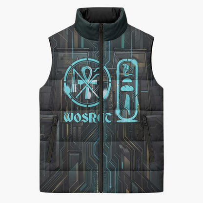 Wosret Winged Crown Sleeveless Puffer Jacket Egyptian Cyber Circuit Design in Futuristic Blue Theme