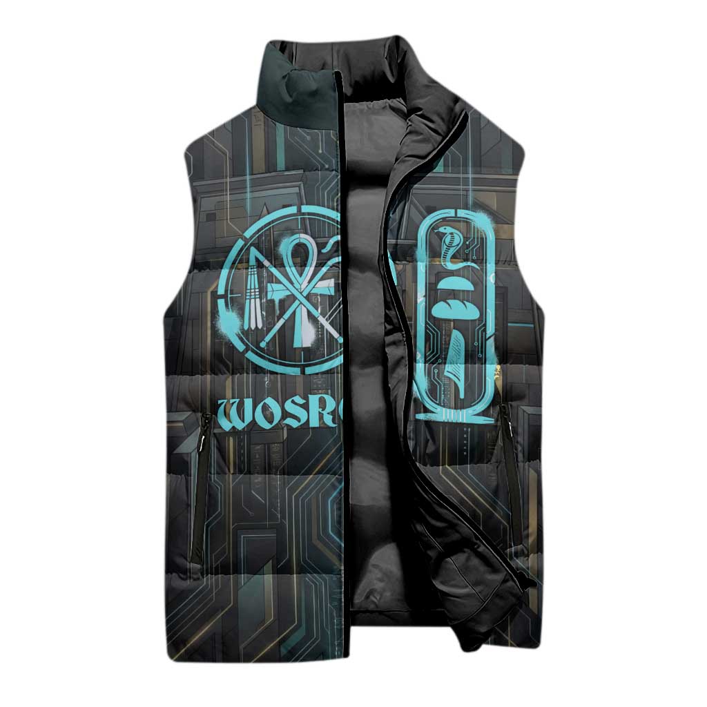 Wosret Winged Crown Sleeveless Puffer Jacket Egyptian Cyber Circuit Design in Futuristic Blue Theme