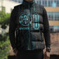 Wosret Winged Crown Sleeveless Puffer Jacket Egyptian Cyber Circuit Design in Futuristic Blue Theme